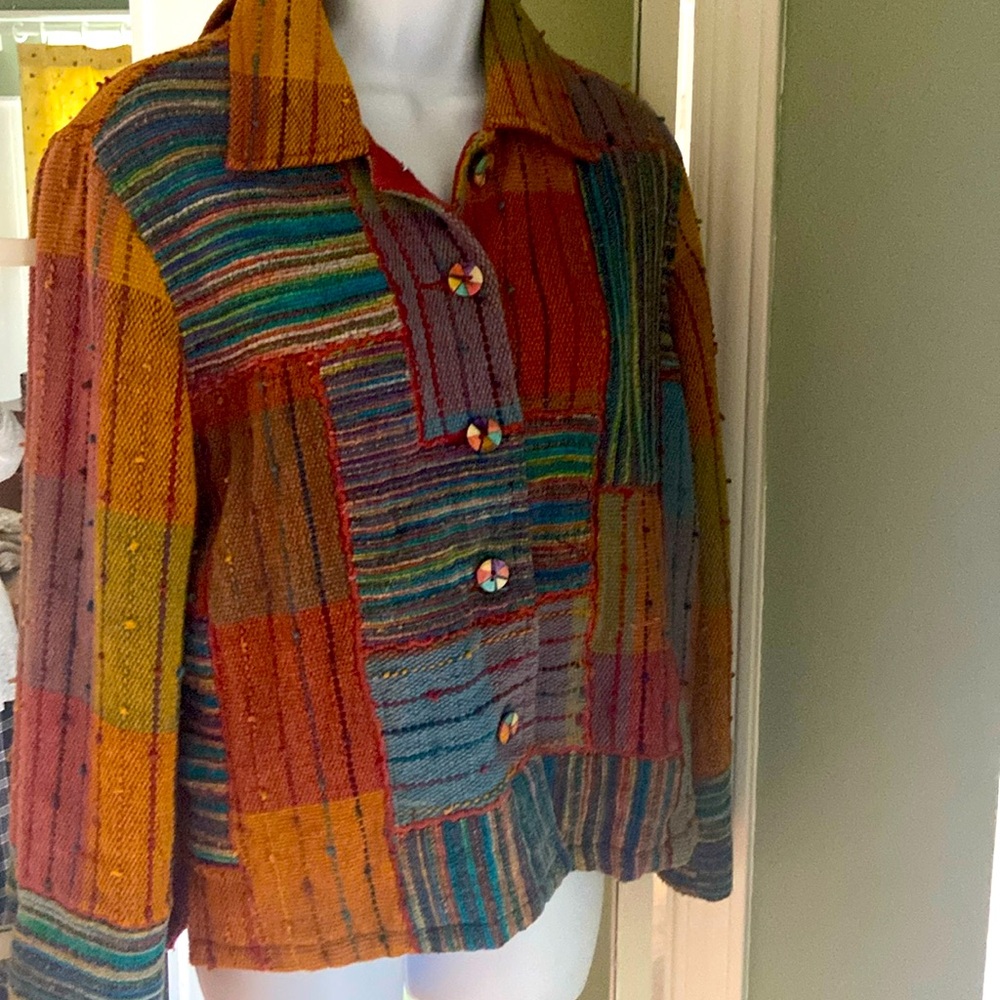 Travel Smith, JACKET , patchwork, with geometric buttons. Size ladies small.